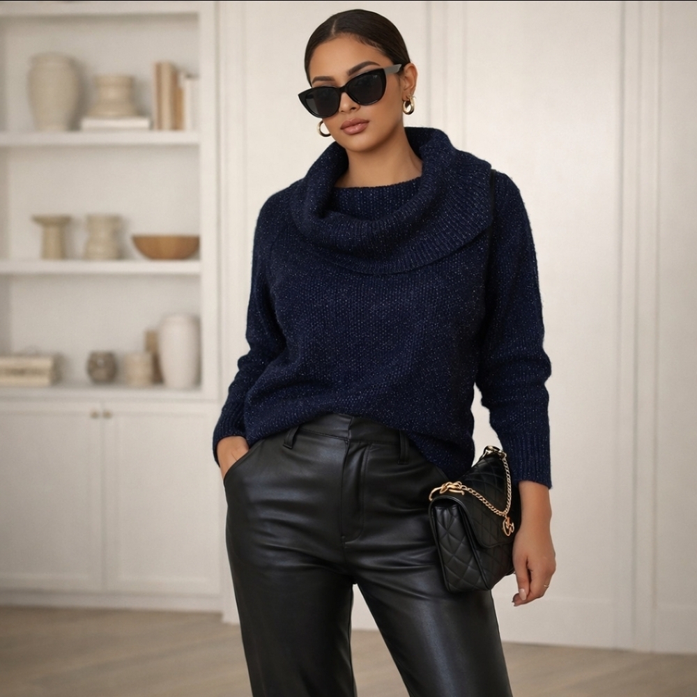 Pink Rose navy blue sweater with white specs cowl neck sz L